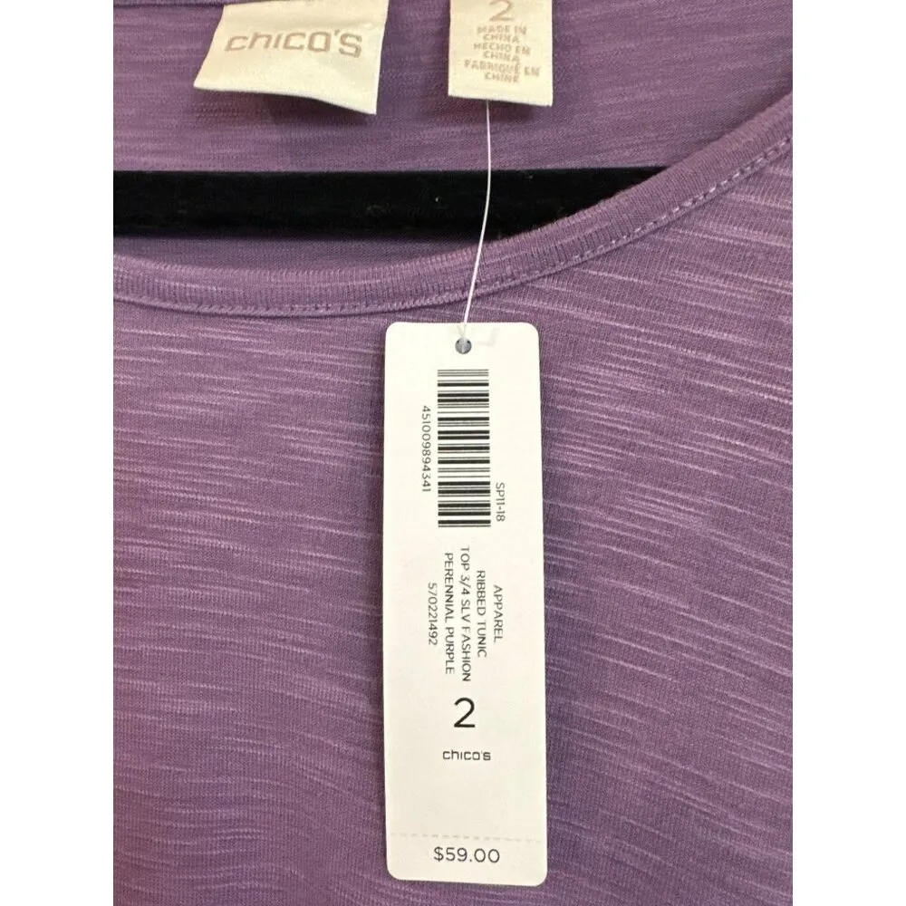 Chicos Long-Sleeve Purple Tunic Top Size 2 Large T-Shirt Ribbed Knit Detail NWT - Image 2