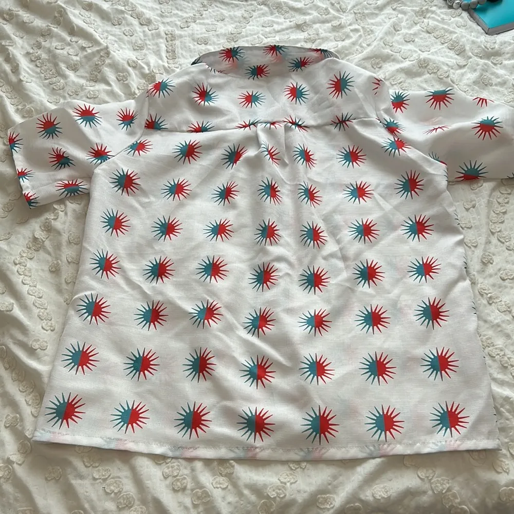 Walmart White button down collared shirt with dual red/blue abstract suns - Image 2