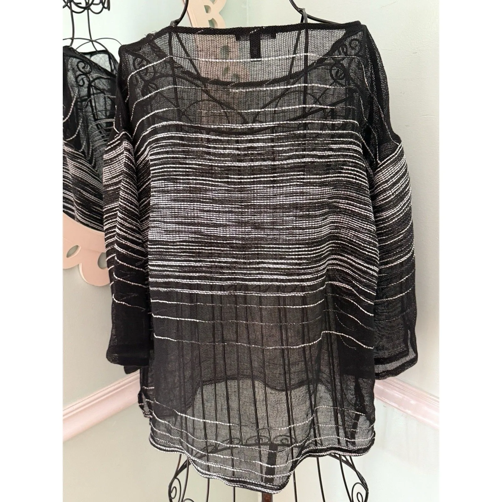 Eileen Fisher Organic Linen Blend Knit Top Small Black Striped Long Sleeve - Image 4