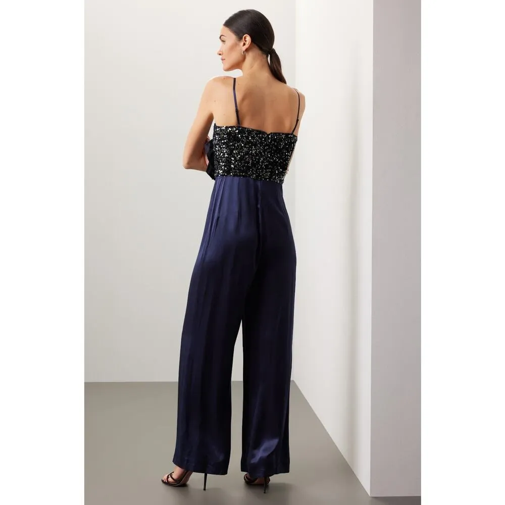 Badgley Mischka Rose Sequin Embellished Satin Wide Leg Cocktail Jumpsuit Size 10 - Image 3