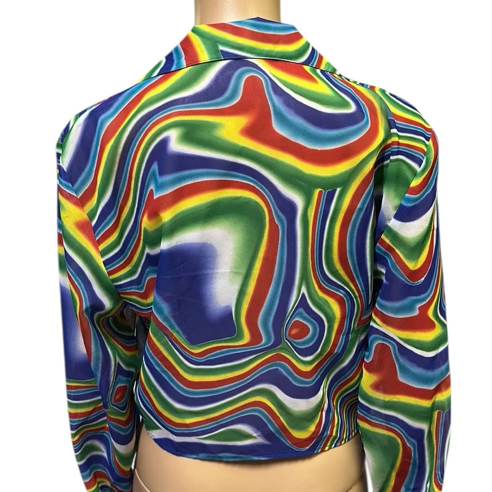 Hot Stuff Psychedelic Print Front Tie Long Sleeve Button Up Blouse Top Medium Blue - Image 10