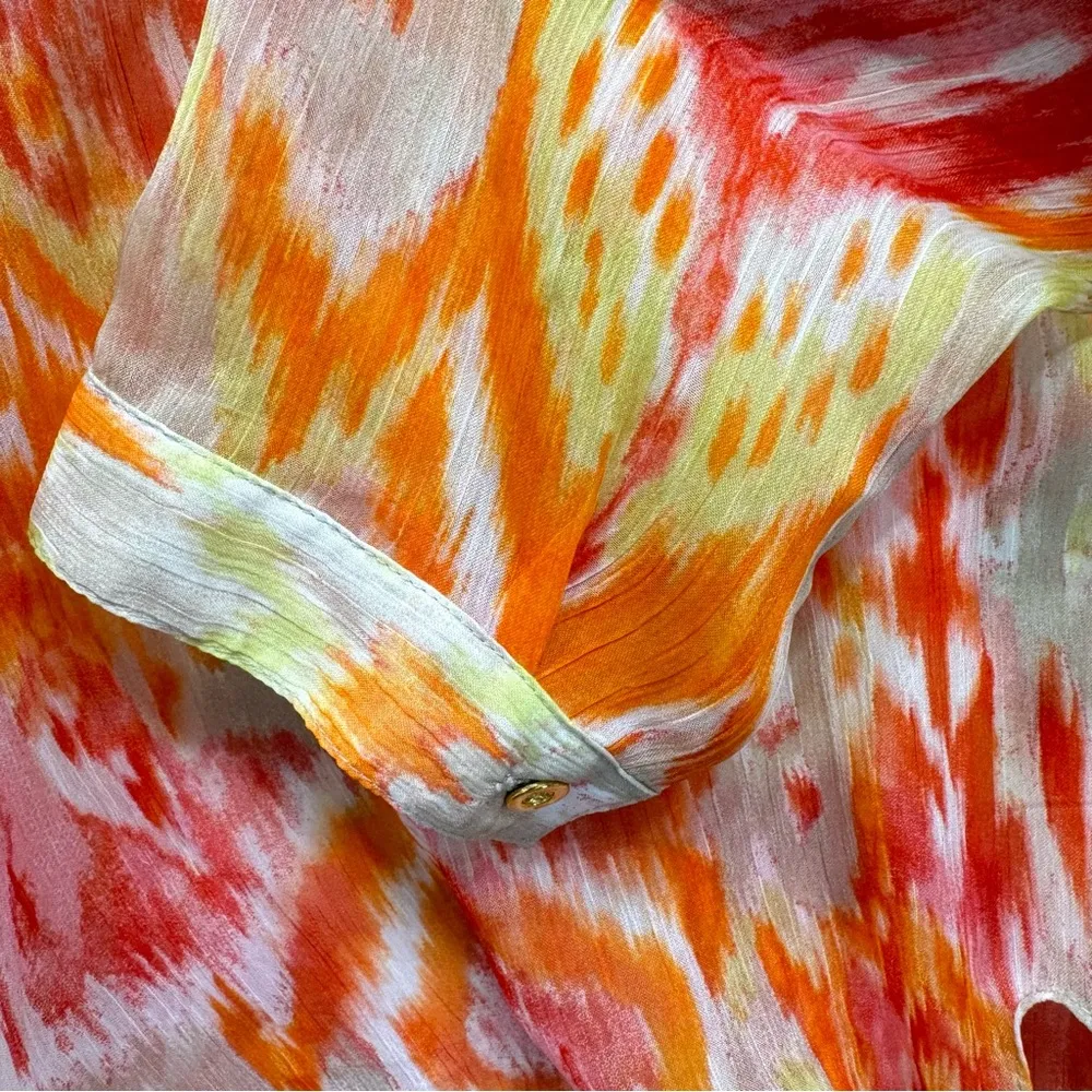 Chico’s Summer Ikat in Watermelon Fizz Sheer Knot Front Top Sequins & Buttons - Image 10