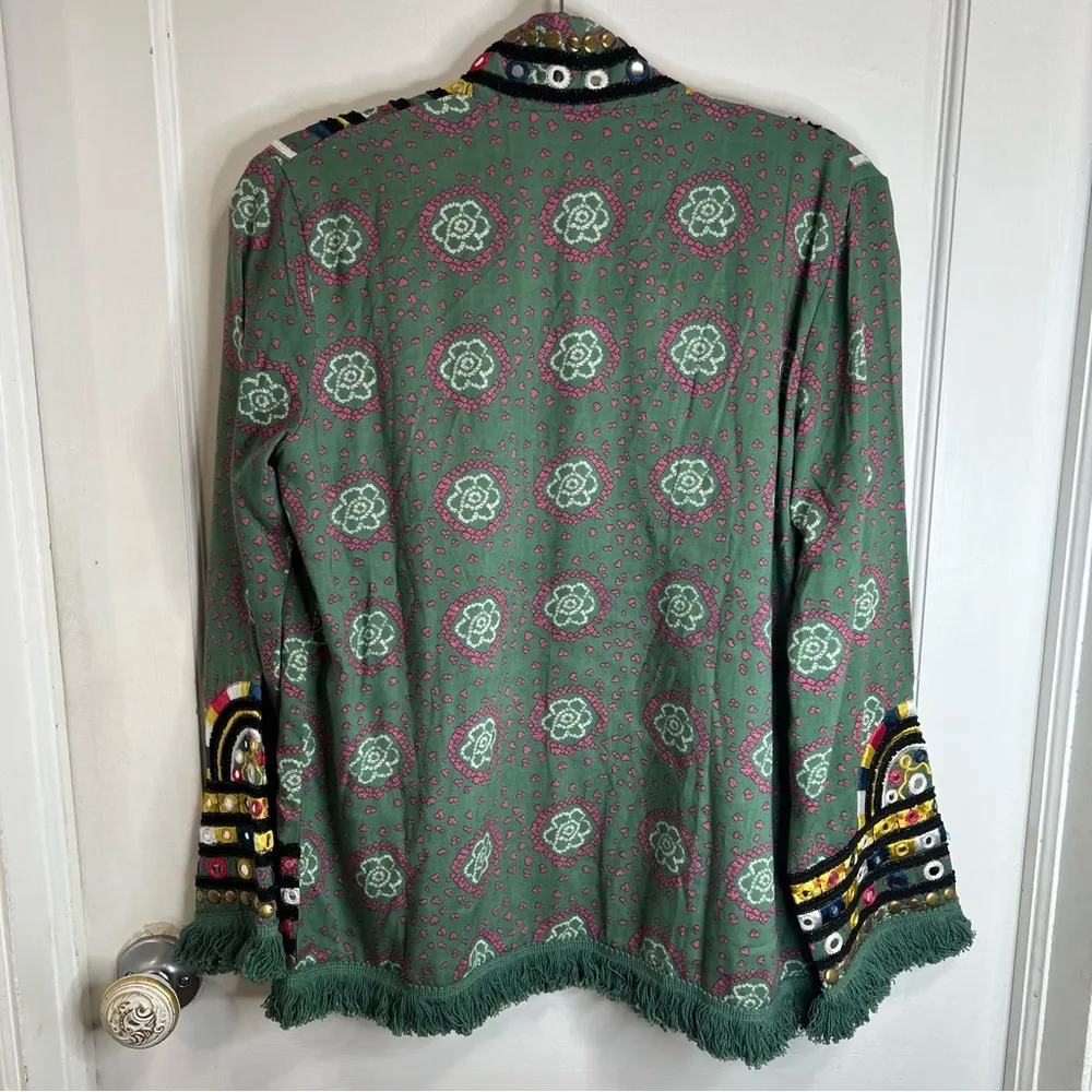 Indigo Moon Patterned Woven Mirror, Embroidery & Bead Detailed Fringe Jacket Pink Size XS - Image 8