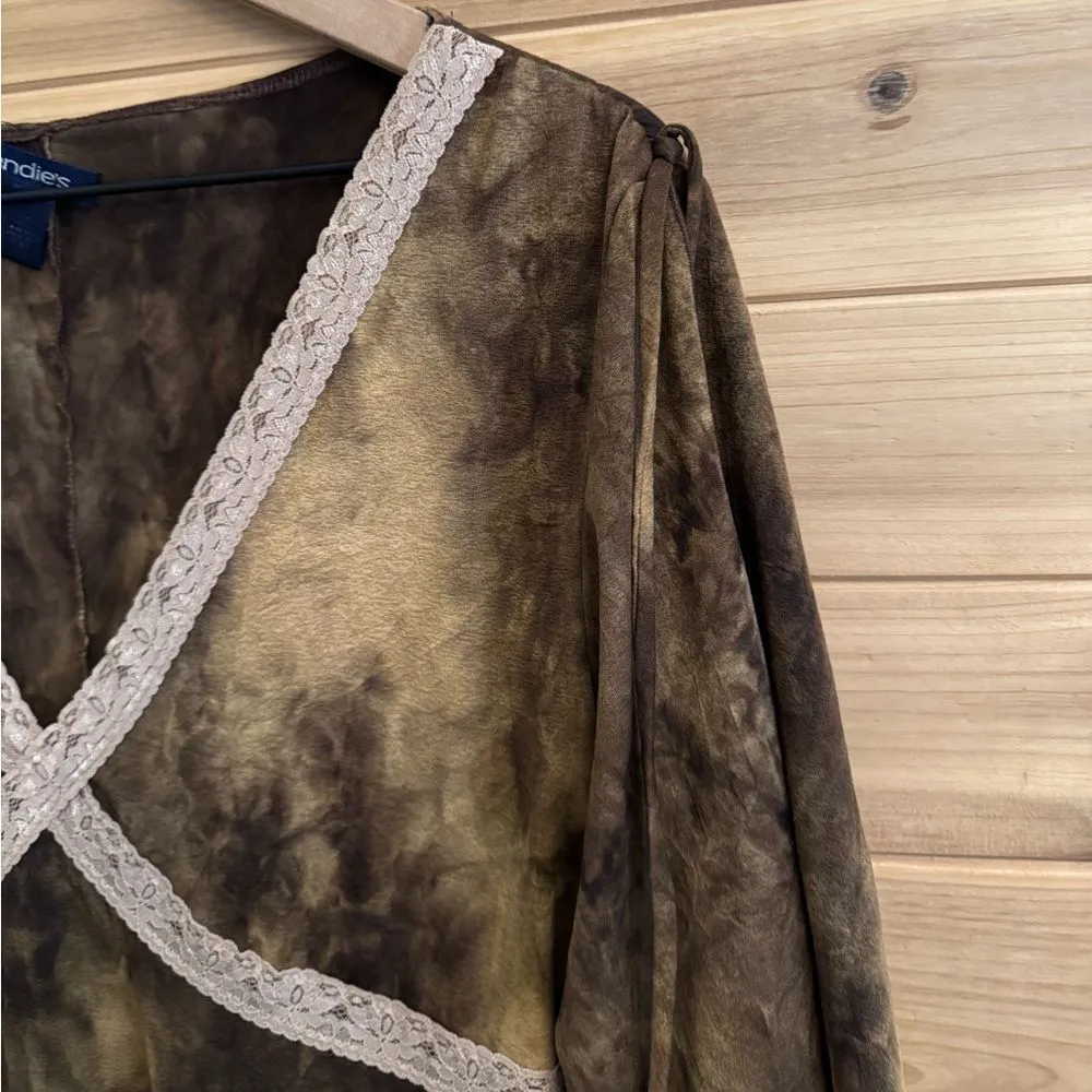 Y2K Candies Size Large Brown Tie Dye Lace Trim Flutter Elbow Sleeve Midi Dress - Image 7