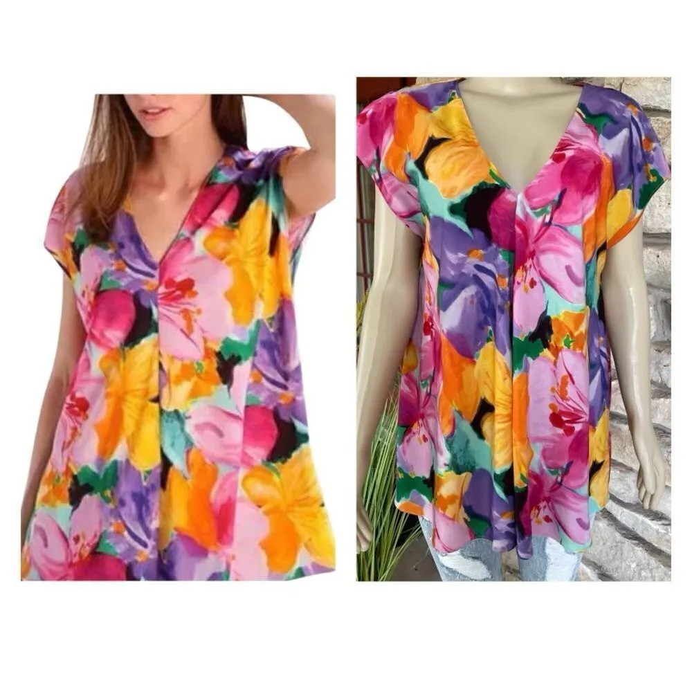 Lauren Ralph Lauren Size Large Watercolor Floral Print Crepe Tunic Blouse - Image 2