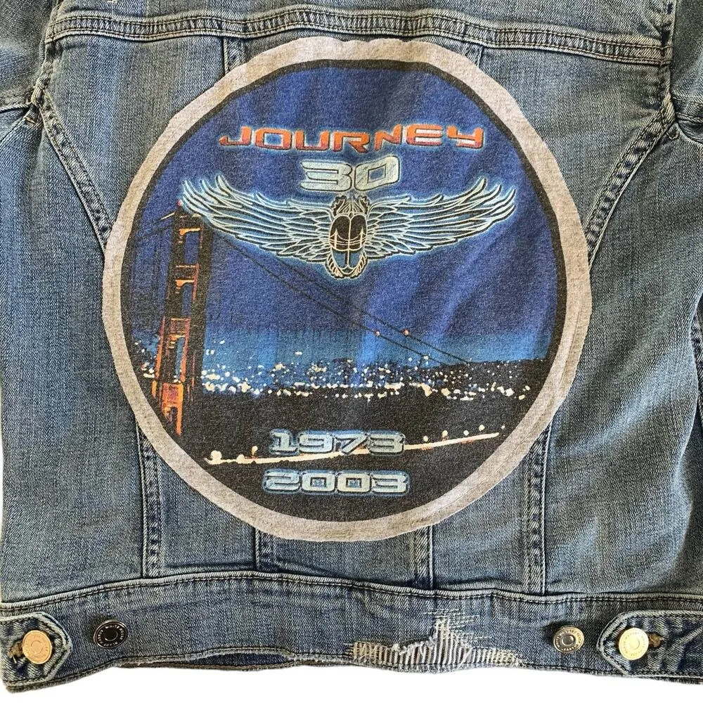 Via Penny Lane Reworked Apparel | Journey Custom Distressed Denim Jacket Size 2 Blue - Image 9