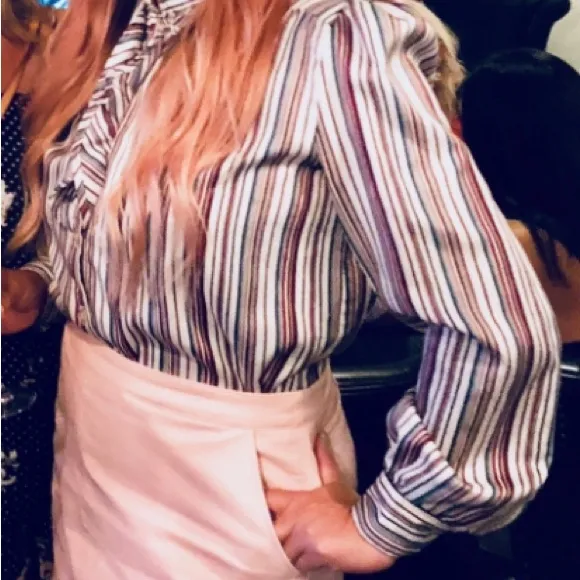 Vintage Striped Mock Neck Ruffle collar Secretary Blouse Fall Cream brown Teal Size L - Image 2