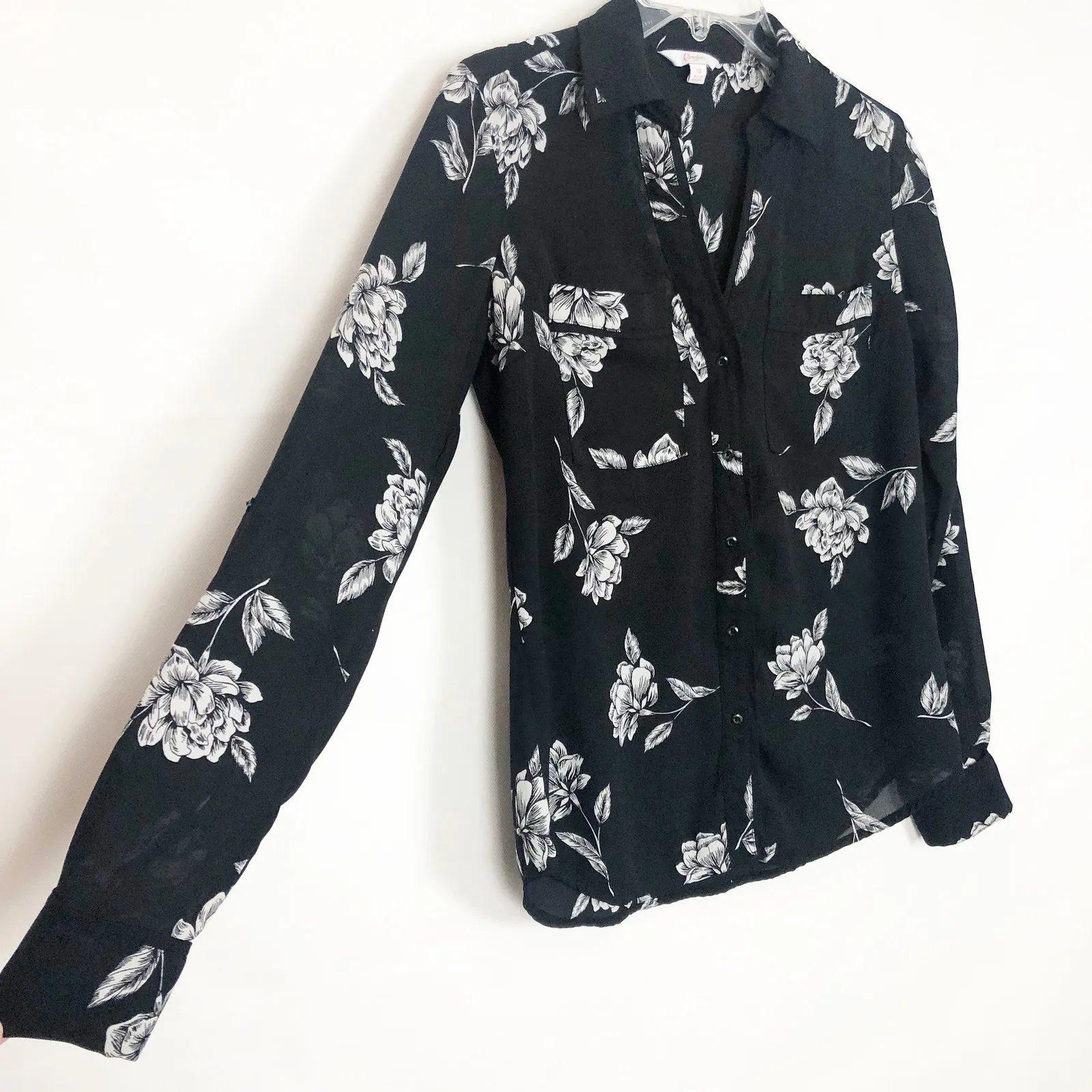 Candie's Floral Black Button Front Chiffon Blouse Size XS - Image 5