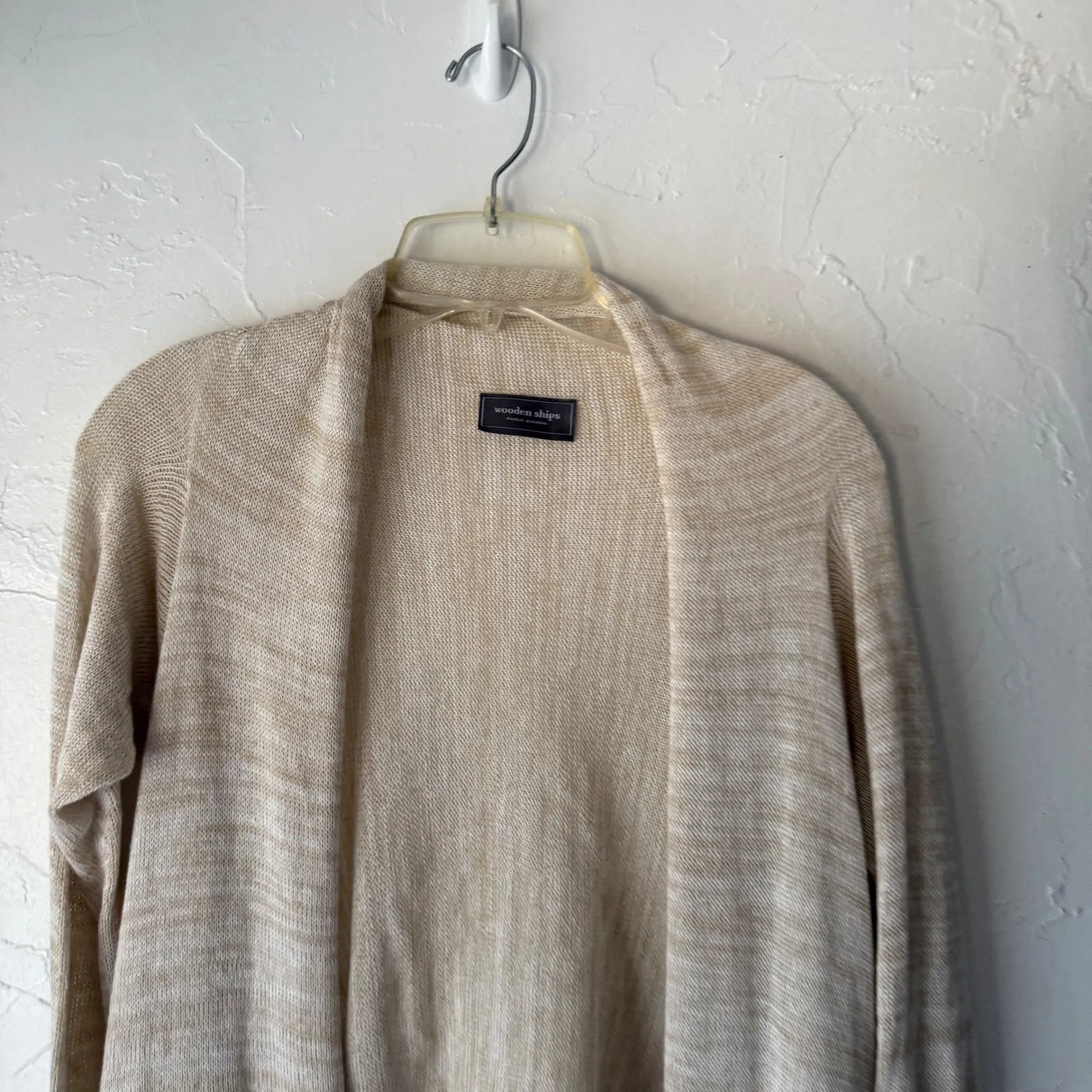 Wooden Ships Draped Open Front Cardigan Beige Striped Trim Long Sleeve Coastal M - Image 2