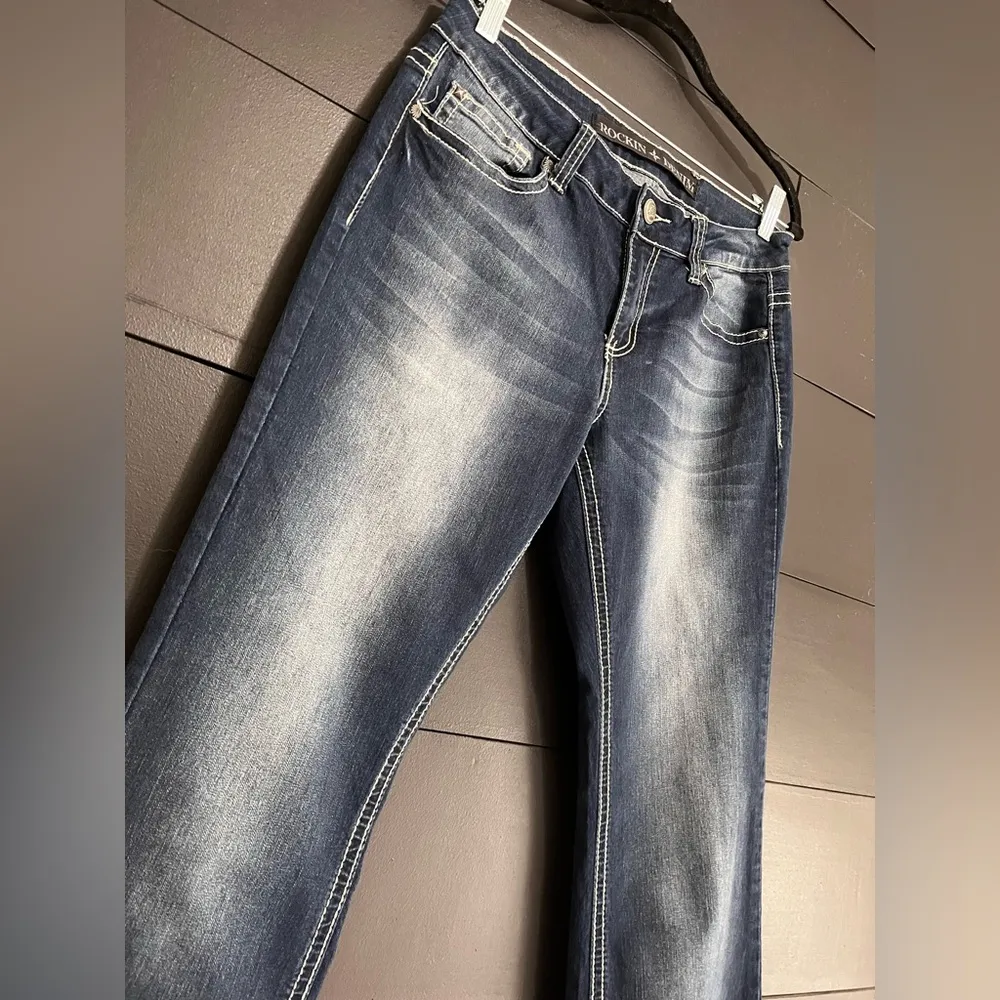 ROCKIN DENIM Y2K Boot Cut Women’s Jeans Jeweled Pockets Sz 8. 32” Inseam EUC Blue - Image 2