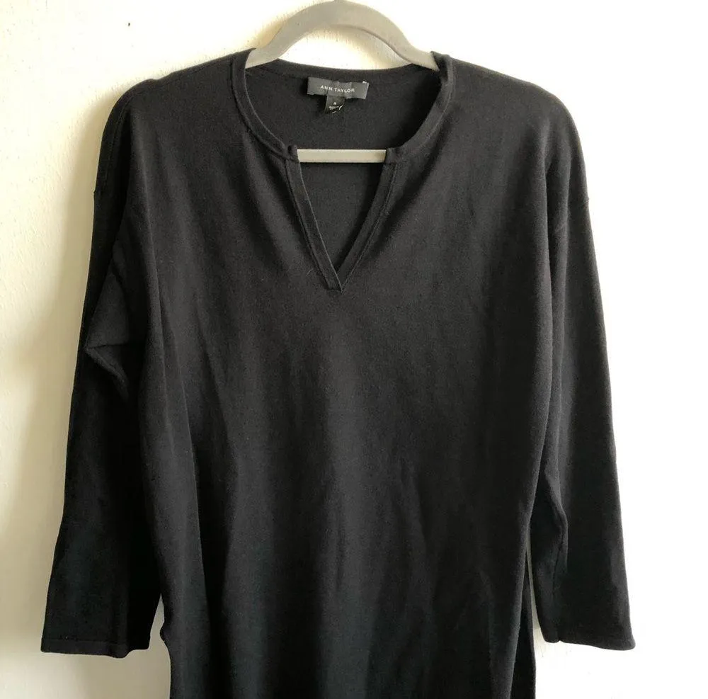 Ann Taylor Sweater Black Slit Neck Tunic 3/4 Sleeves Knit Sz M EUC - Image 6