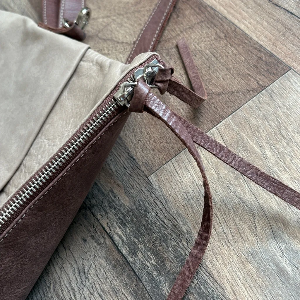 Roots Canada Emma Bag Leather Foldover Crossbody Colorblock Brown and Taupe - Image 6
