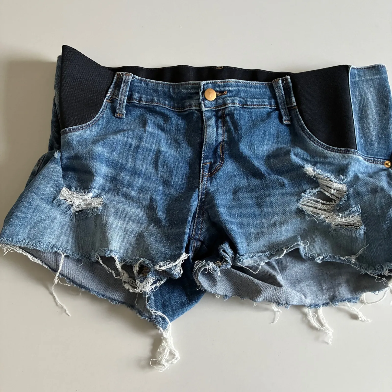 Isabel Maternity Denim Midi Shorts Distressed Ripped Elastic Waist Size 14 32 Blue - Image 1
