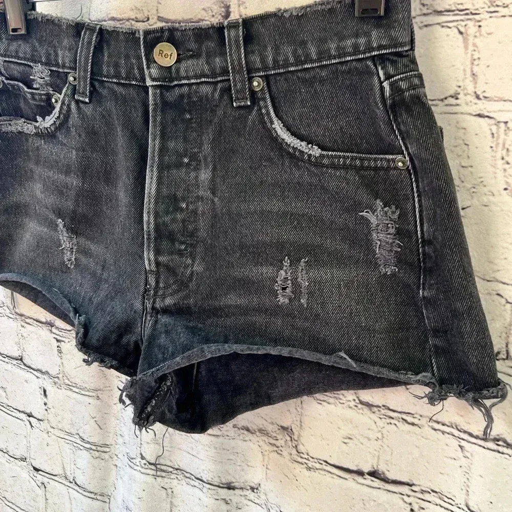 Reformation Dixie High Waisted‎ Distressed Black Denim Button Fly Shorts Size 25 - Image 2