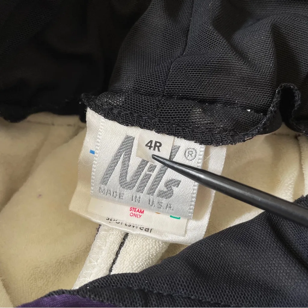 Vintage Nils Women's Black Snow Ski Bib Pants Stirrup Overalls Schoeller Size 4R Purple - Image 3