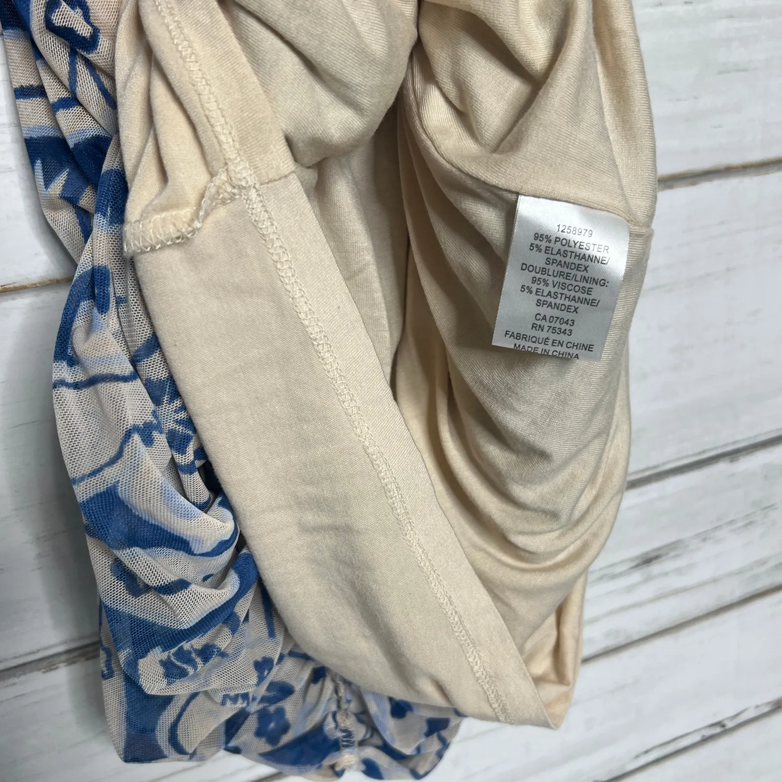 House of Harlow Ruched One Shoulder Bodycon Midi Dress Blue Beige Size Large - Image 5