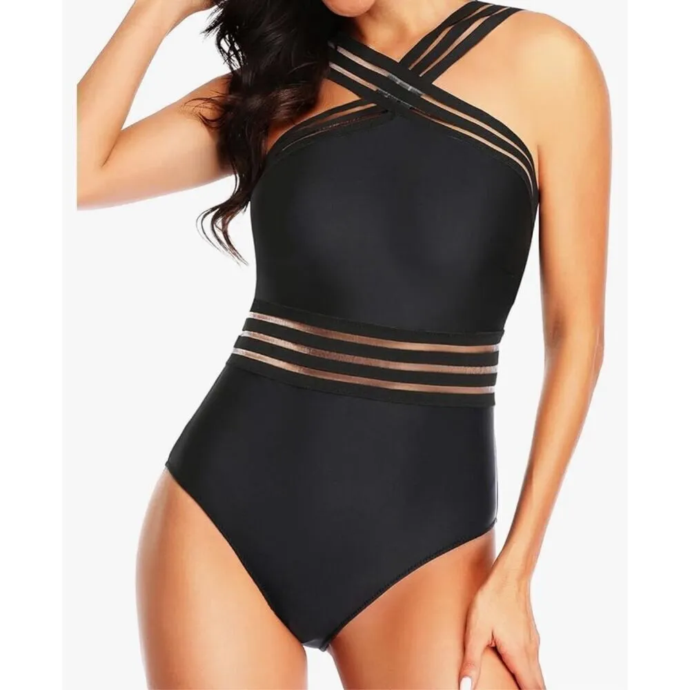 NEW Crisscross 1 Pc Swimsuit Tummy Control Bathing Suit Front Crossover L Black Size L - Image 4