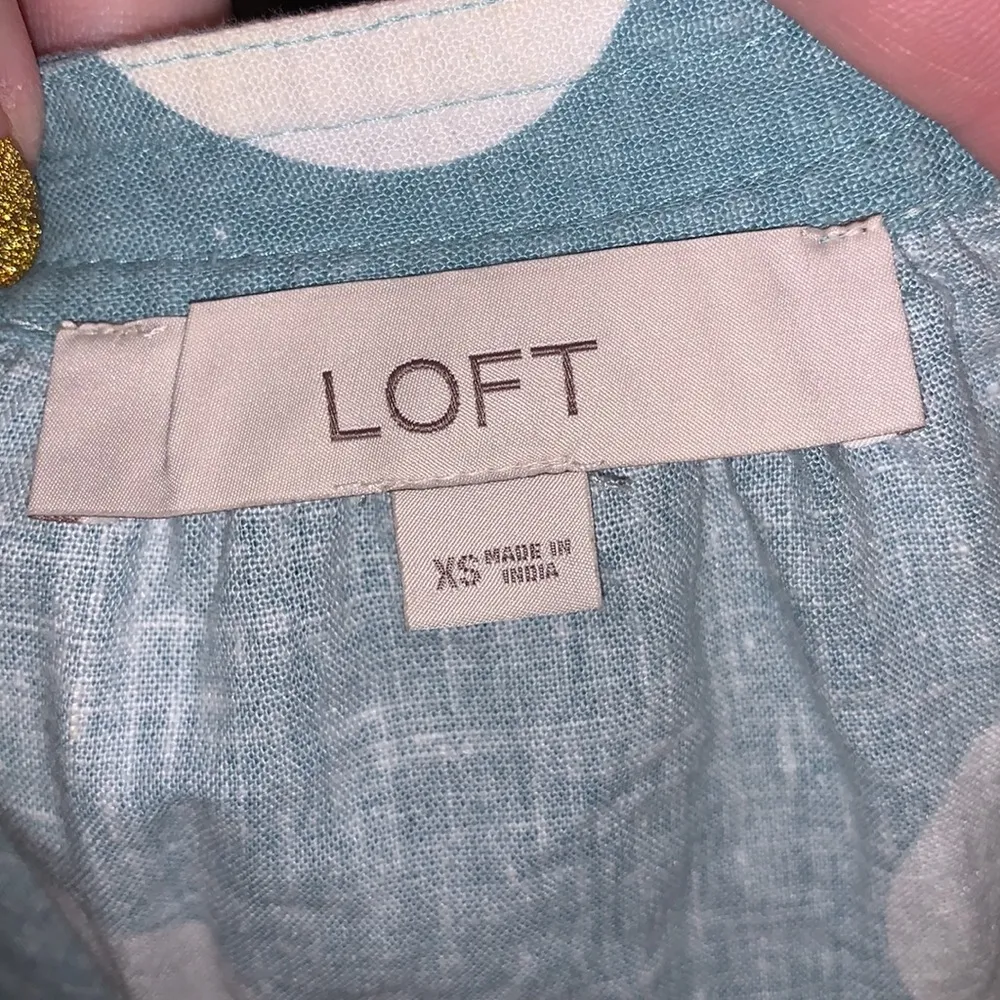 Ann Taylor LOFT blue linen cotton Polka Dot Puff Sleeve Pleated Short Sleeve Top - Image 6