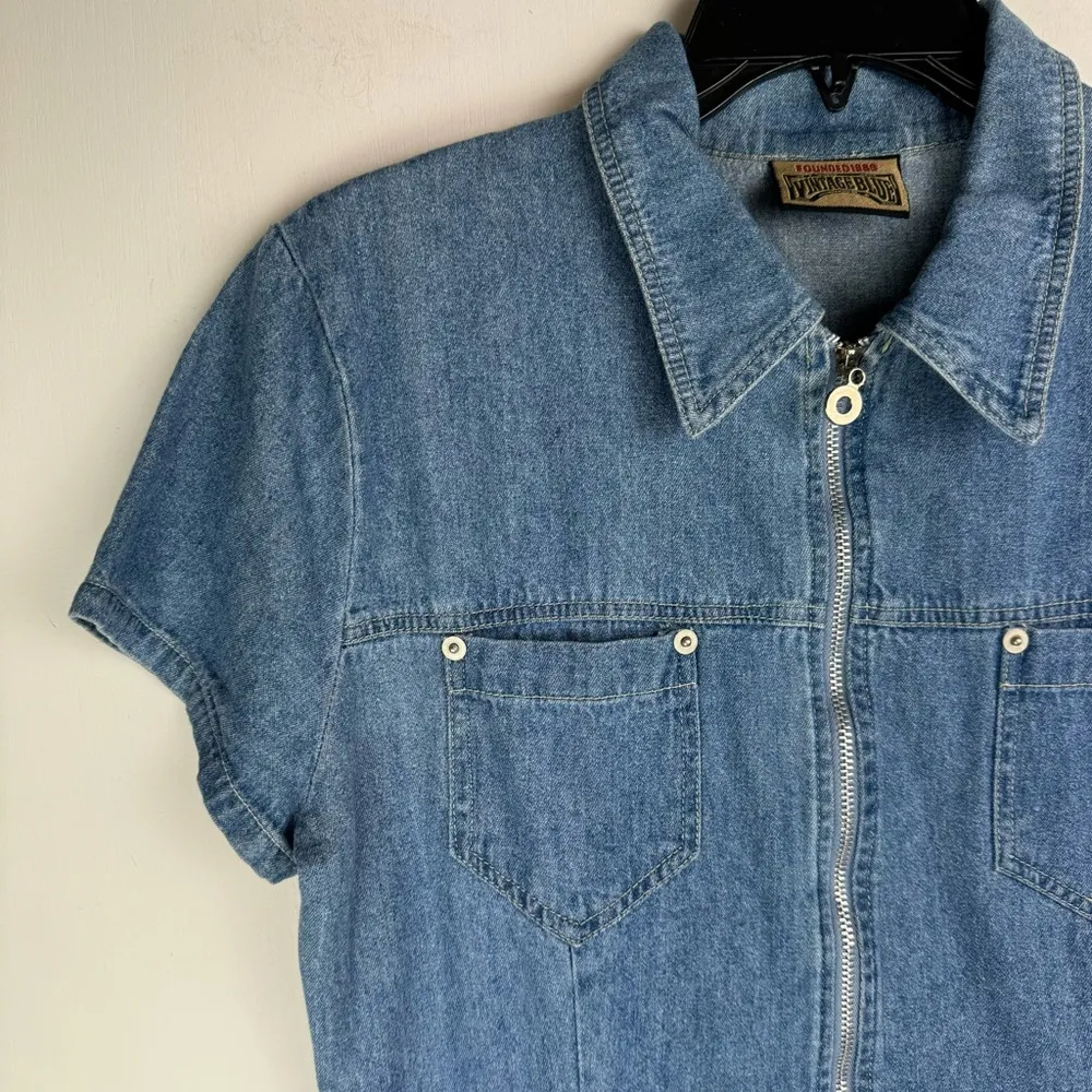 Vtg Y2K Womens Denim Dress Sz Medium Zip Front Western Chic - Image 5