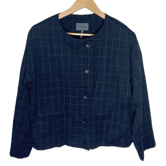 Oska Virgin Wool windowpane plaid deep navy lagenlook jacket size 8 - Image 18