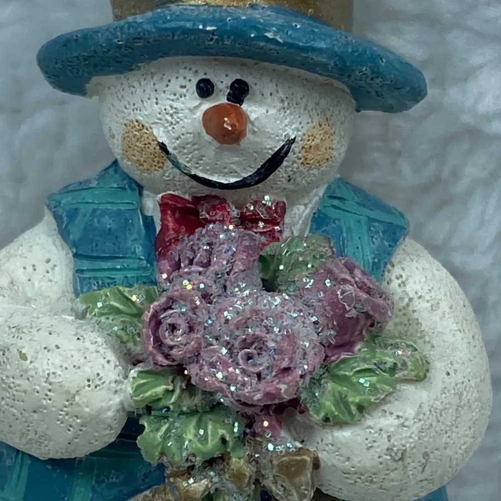Snowman Blue Hat and Vest Carrying Flower Bouquet Jewelry Pin Brooch Winter Wear - Image 3