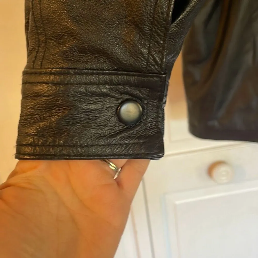 VintageāLeather black hooded faux fur lined trench jacket M Size M - Image 9