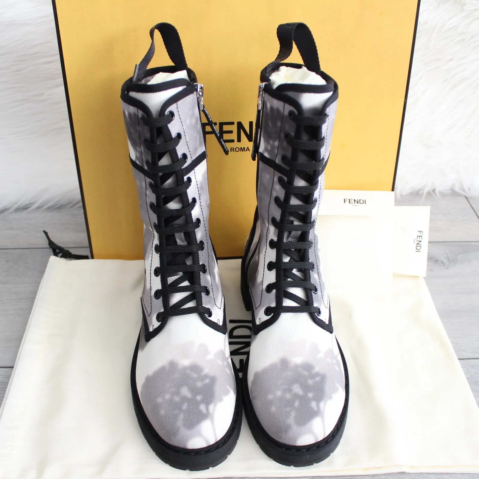 Fendi Tie Dye Grey White Black Outlined Combat Boots - Image 5