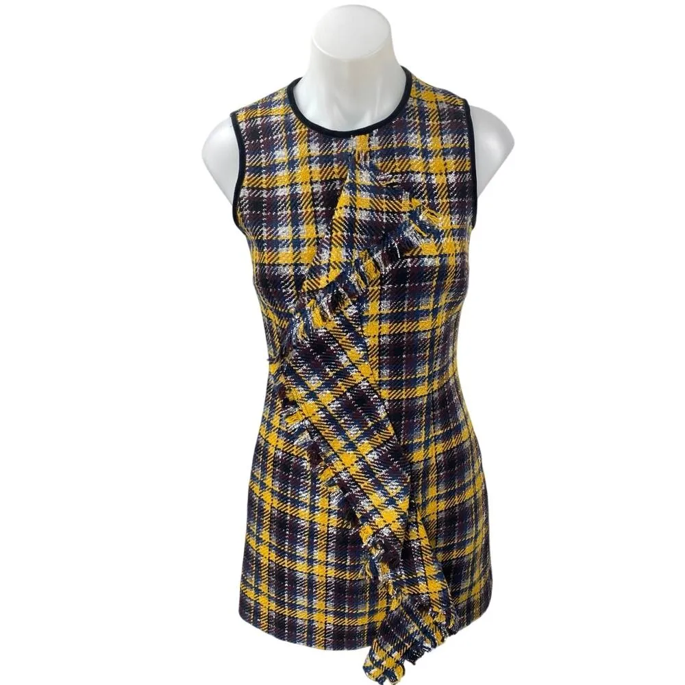 MSGM Black Yellow Plaid Tartan Wool Ruffle Sleeveless Mini Sheath Dress Sz 8 - Image 2