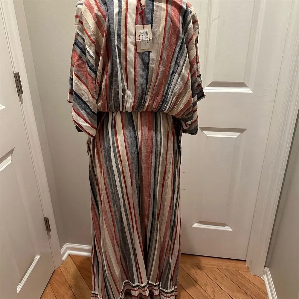 RAGA Women's Bohemian Striped Maxi Caftan Dress V-Neck 3/4 Sleeve Multicolor SM - Image 3