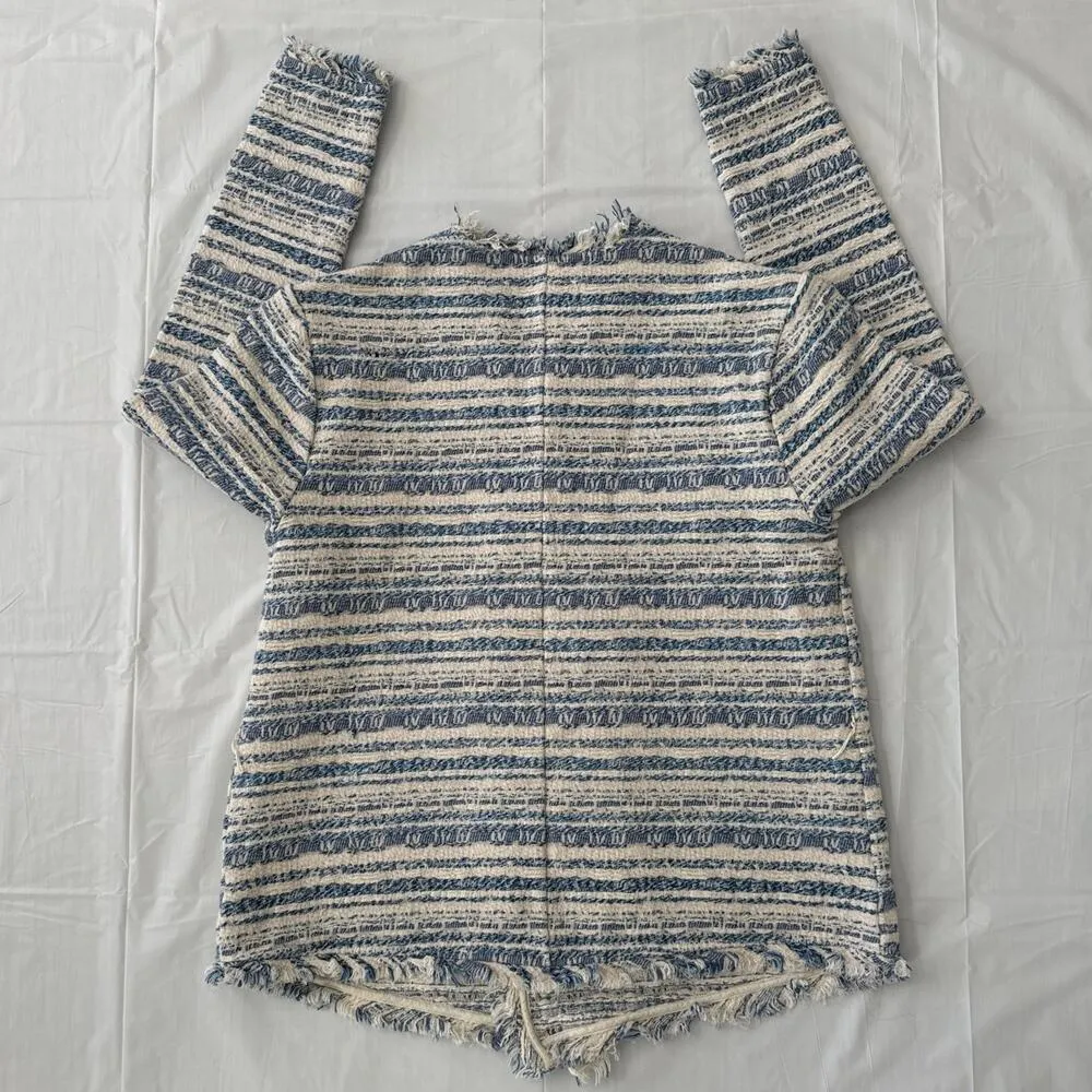 Lucky Brand tweed striped blue & cream open front fringed jacket size medium - Image 7