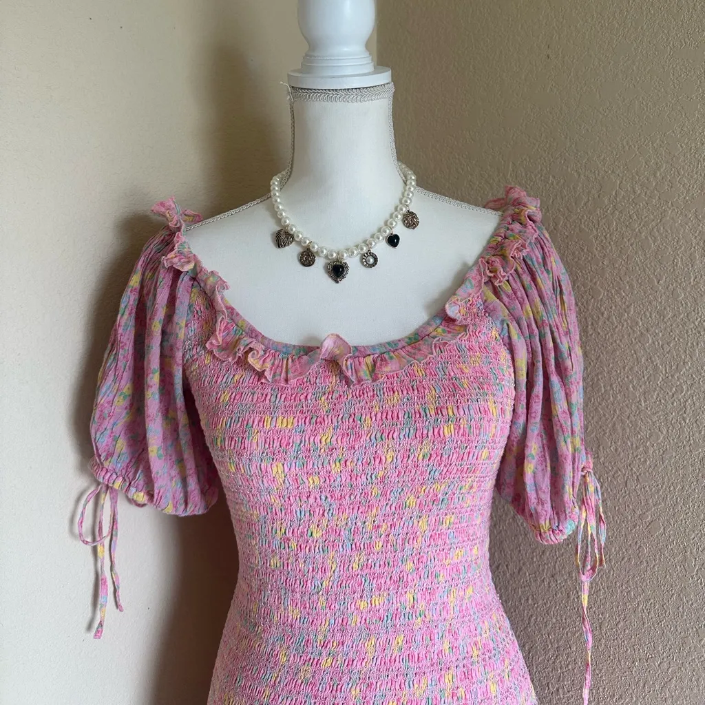 LoveShackFancy Pink Floral Puff Sleeve Mini Dress Sz M Smocked Romantic Cottage - Image 5