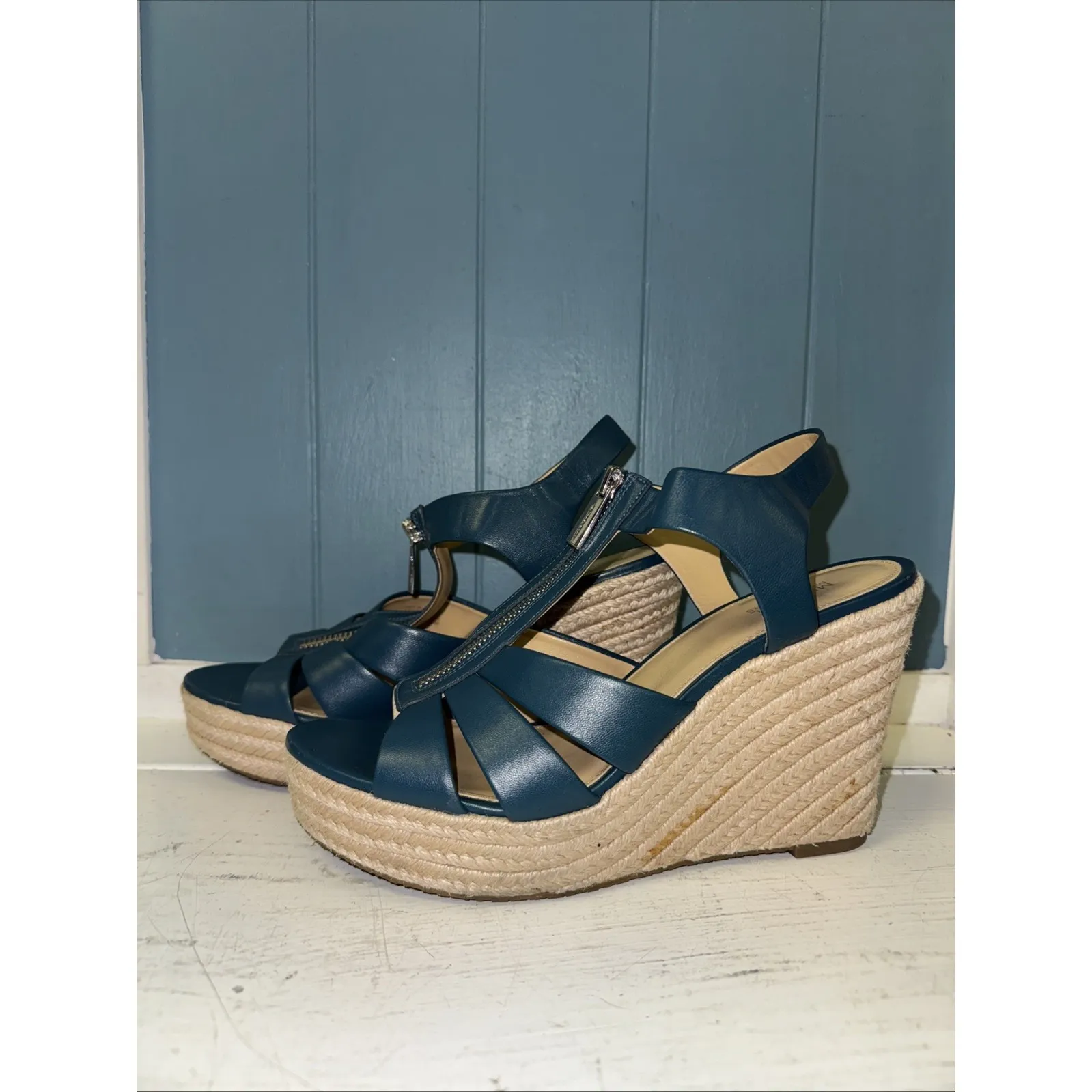 MICHAEL KORS Berkley TEAL Wedge Platform Sandal W/ Zipper Espadrilles Women's 9‎ - Image 3