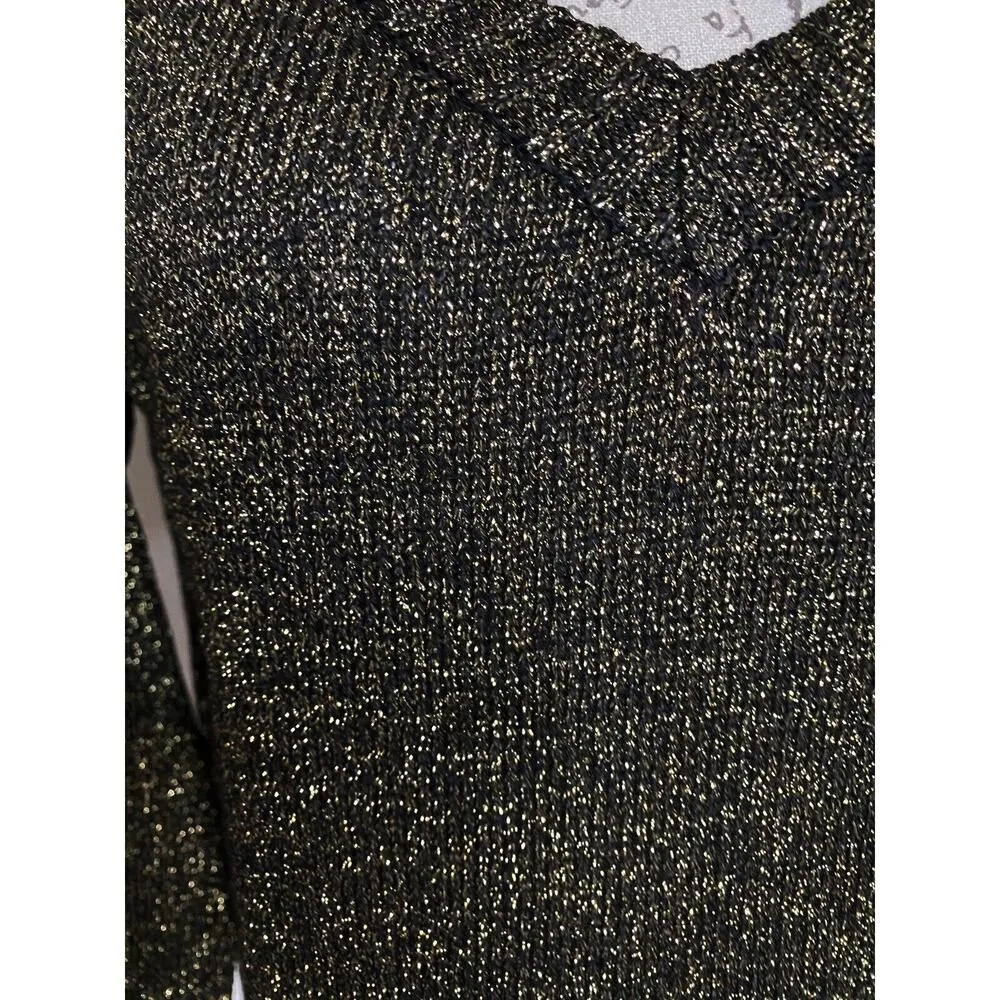 Moon Collection CS2401 Black Gold Shimmer V-neck Hi-Low Sweater Size Small New - Image 4