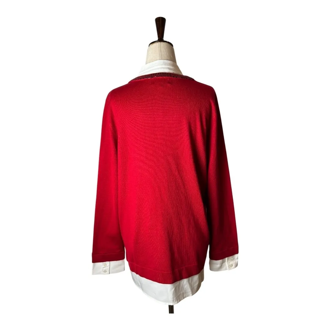Karl Lagerfeld Sweater Women Small Red Knit Layered Beaded Neckline Preppy Party - Image 2