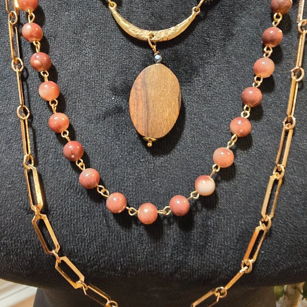 Womens Peach Pearl Rosary Chain Gold Tone Black Bead 3 Strand Pendant Necklace Orange - Image 3