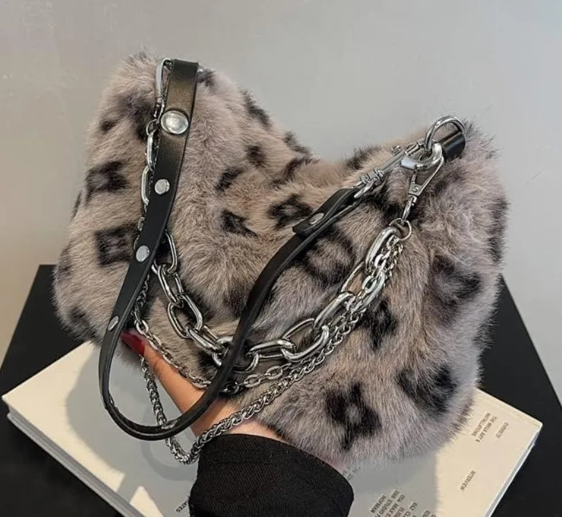 ⚡ Women's New Leopard Cream Print Plush Vintage Zip Closure Shoulder Hobo Bag - Image 1