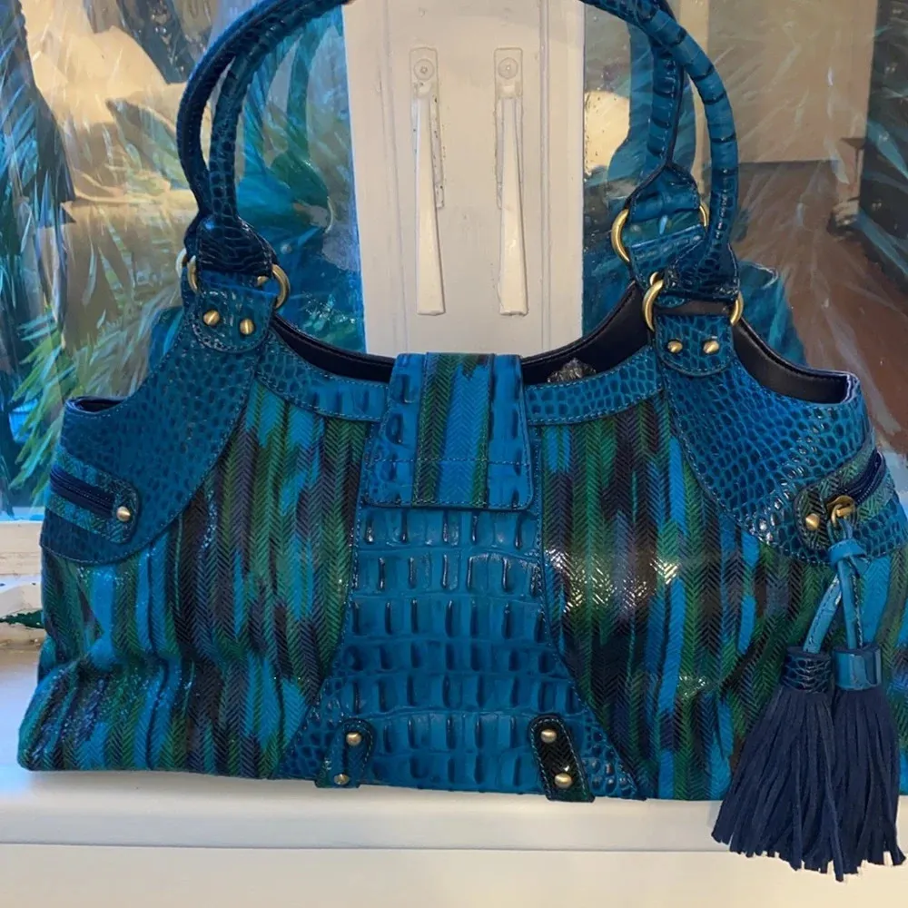 Sharif Textured Leather Tassel Satchel Handbag Blue - Image 4
