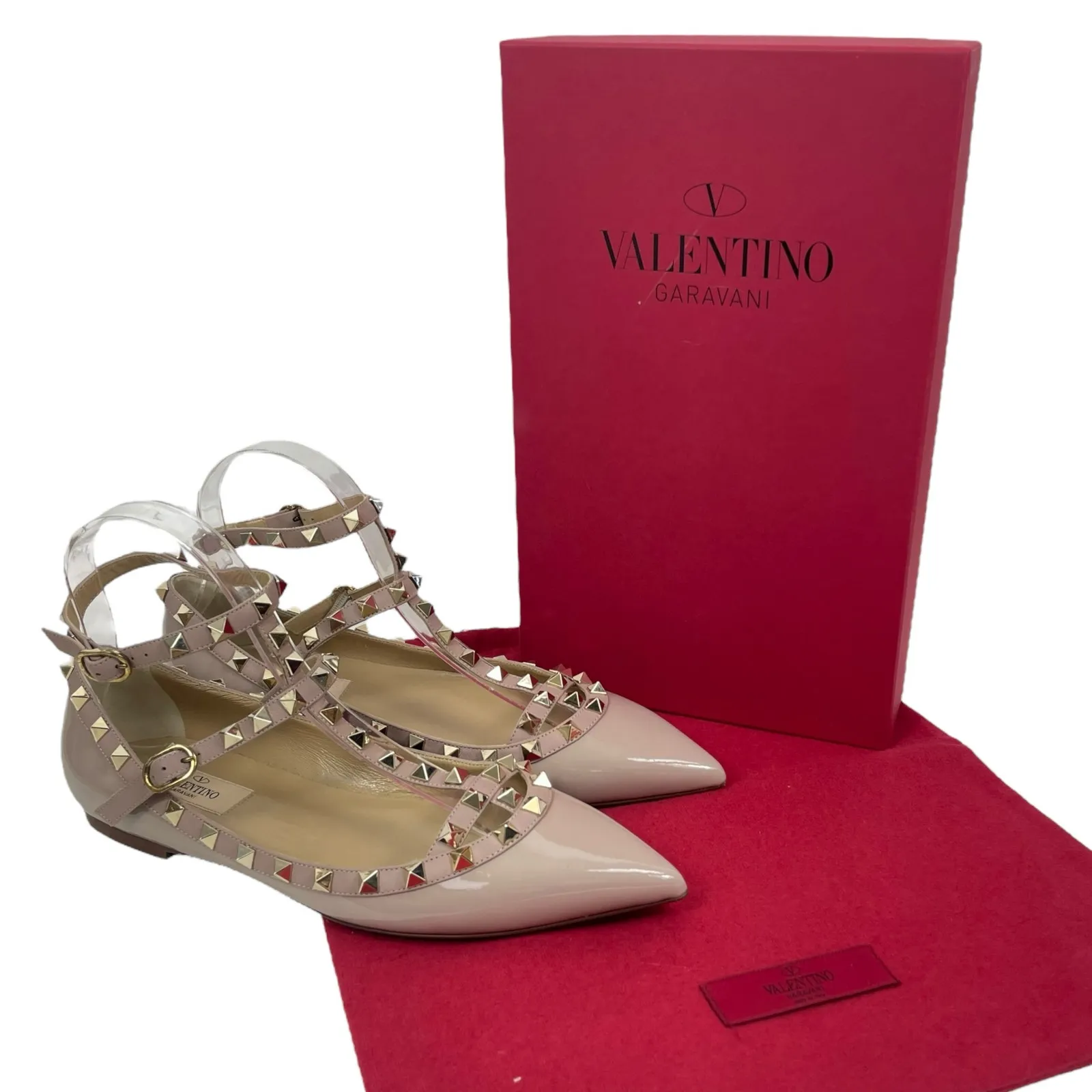 NEW Valentino Garavani Rockstud Caged Paten Leather Flats Pink Size 38.5 - Image 14