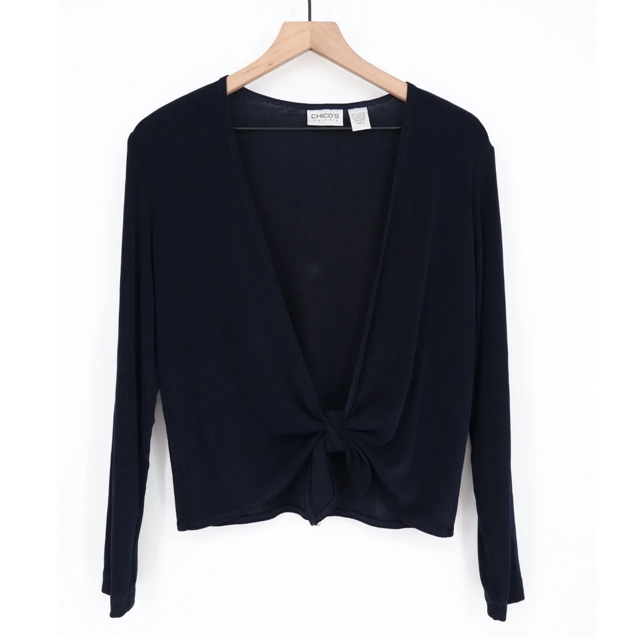 Chicos Travelers Navy Blue Long Sleeve Knot Front Cardigan Sweater Size 0/S - Image 2