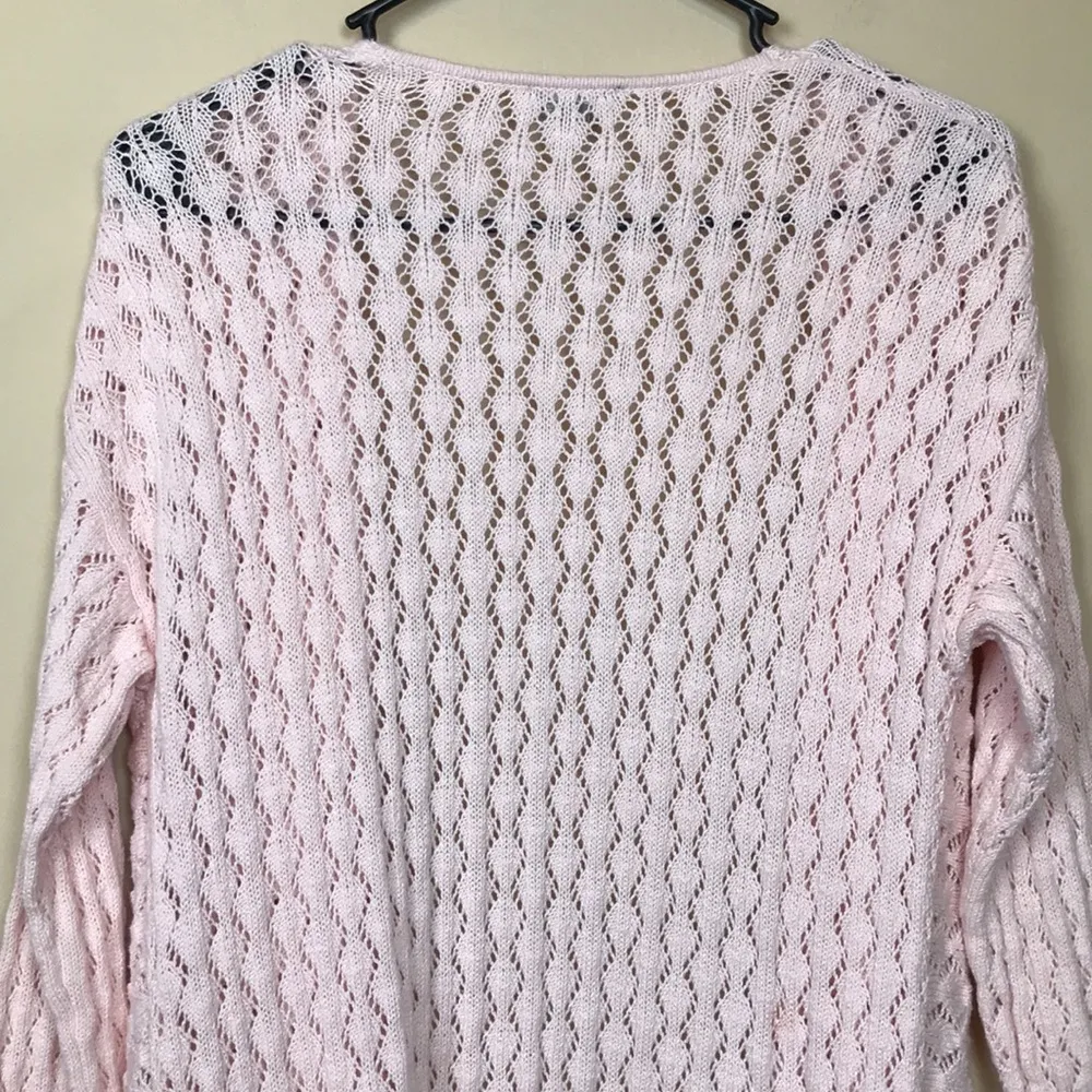 J. Jill Women’s Linen Blend Knit Crochet Open Drape Front Pink Cardigan Sweater - Image 6