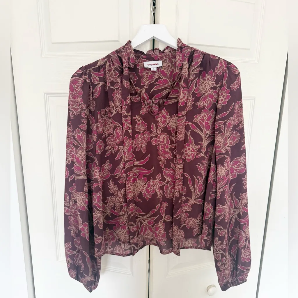 Evereve Mindie Tie Neck Blouse Purple Plum Floral Top Size Small - Image 4