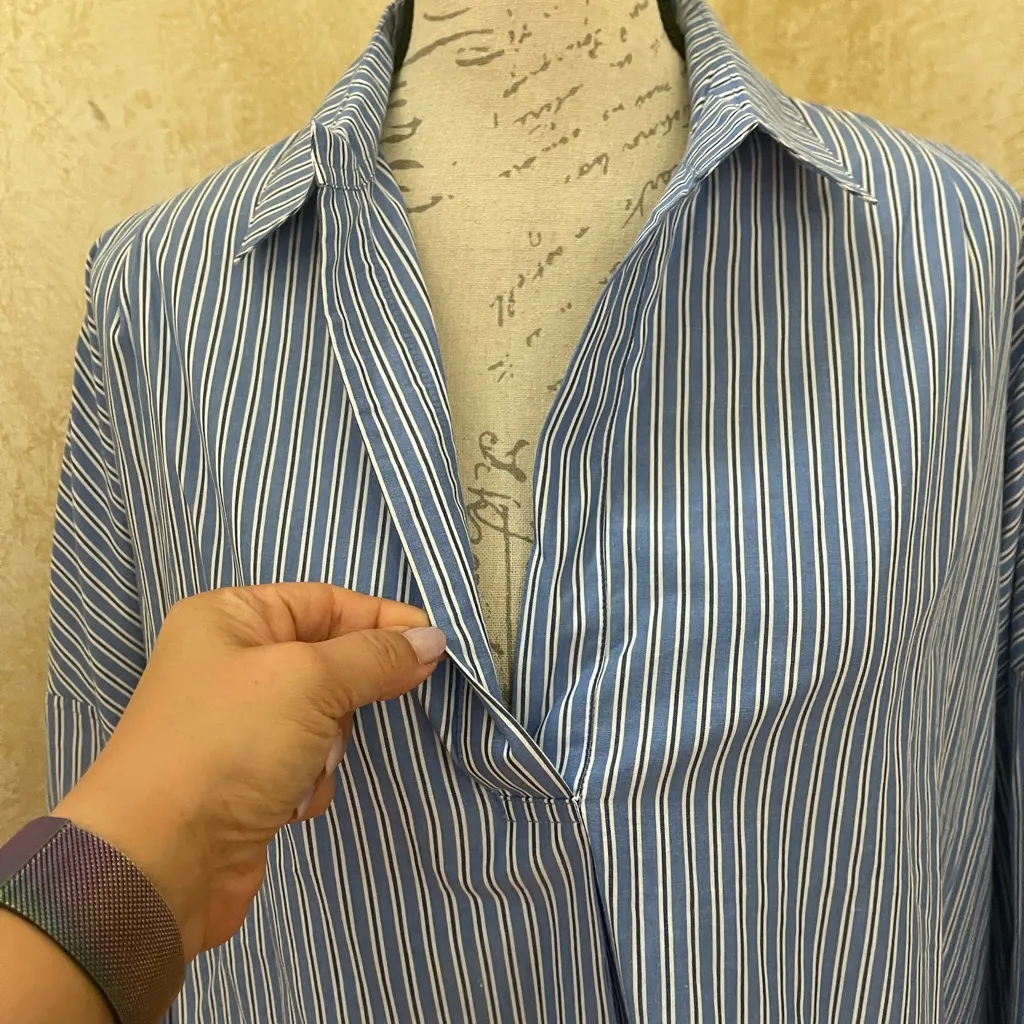 French Connection Rhodes High-Low Striped Top Cotton Shirt Blue White Sz Medium - Image 5