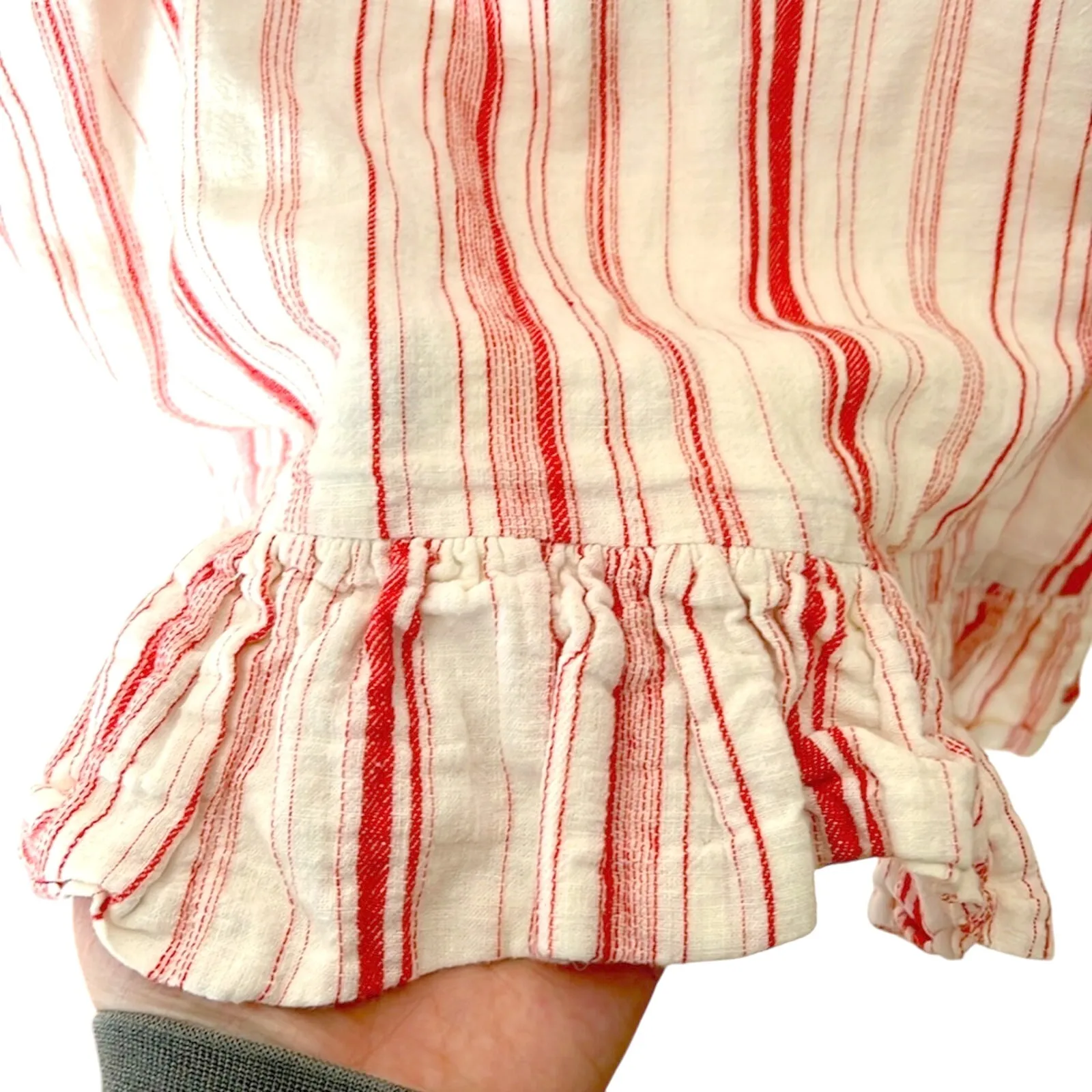 Market S Linen Blend Mini Dress Cream Red Stripe Ruffle Hem Sundress Y2K Coastal - Image 3