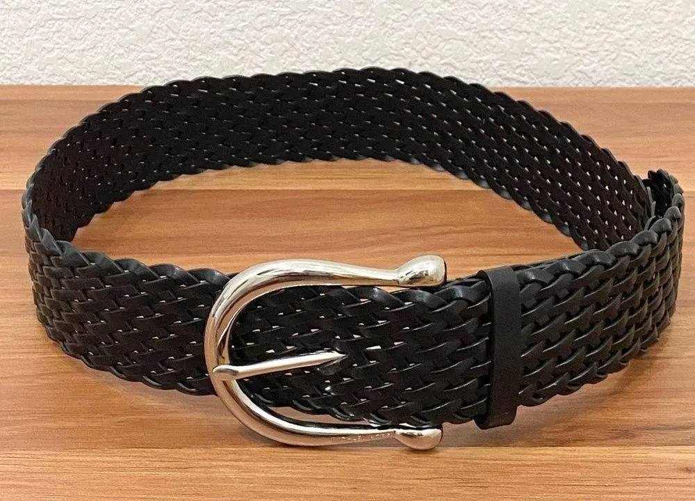 MICHAEL Michael Kors Black Genuine Bonded Leather Woven Belt Chunky Buckle Sz S - Image 4