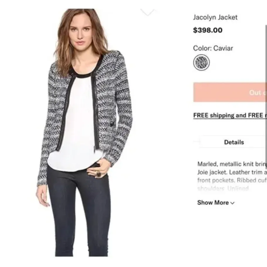 Joie Jacolyn Leather Trim Knit Cardigan Jacket Womens Medium Black Career Luxury - Image 3