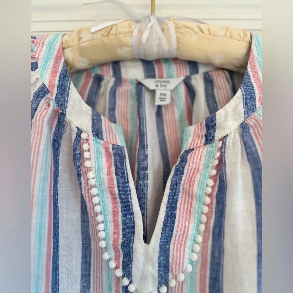 Crown & Ivy Shift DressPetite M Striped Bell Sleeves Crochet 100% Linen Boho - Image 3