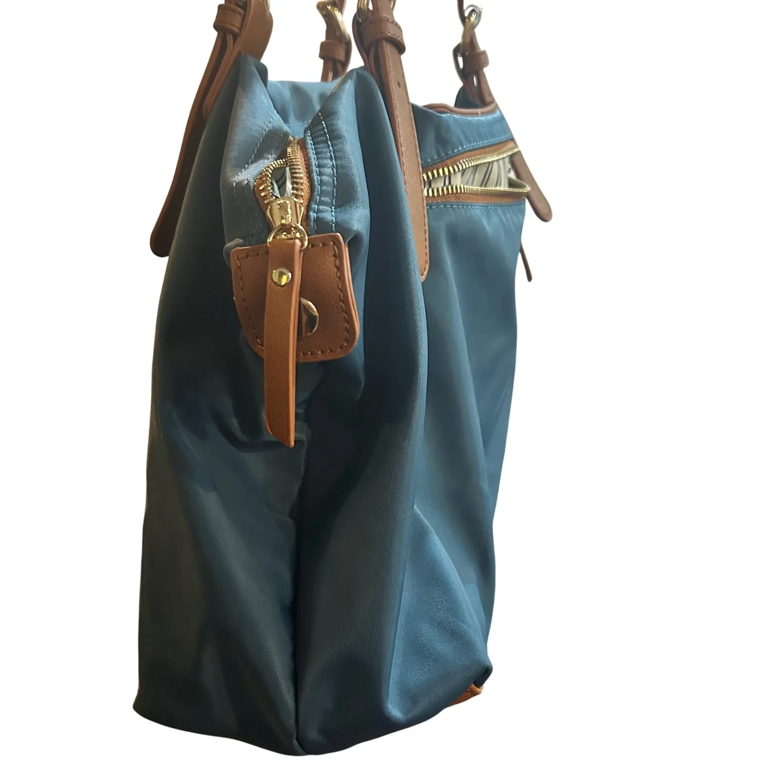 Blue Satchel Bag With Brown Leather Accents Shoulder‎ Handbag Purse - Image 7