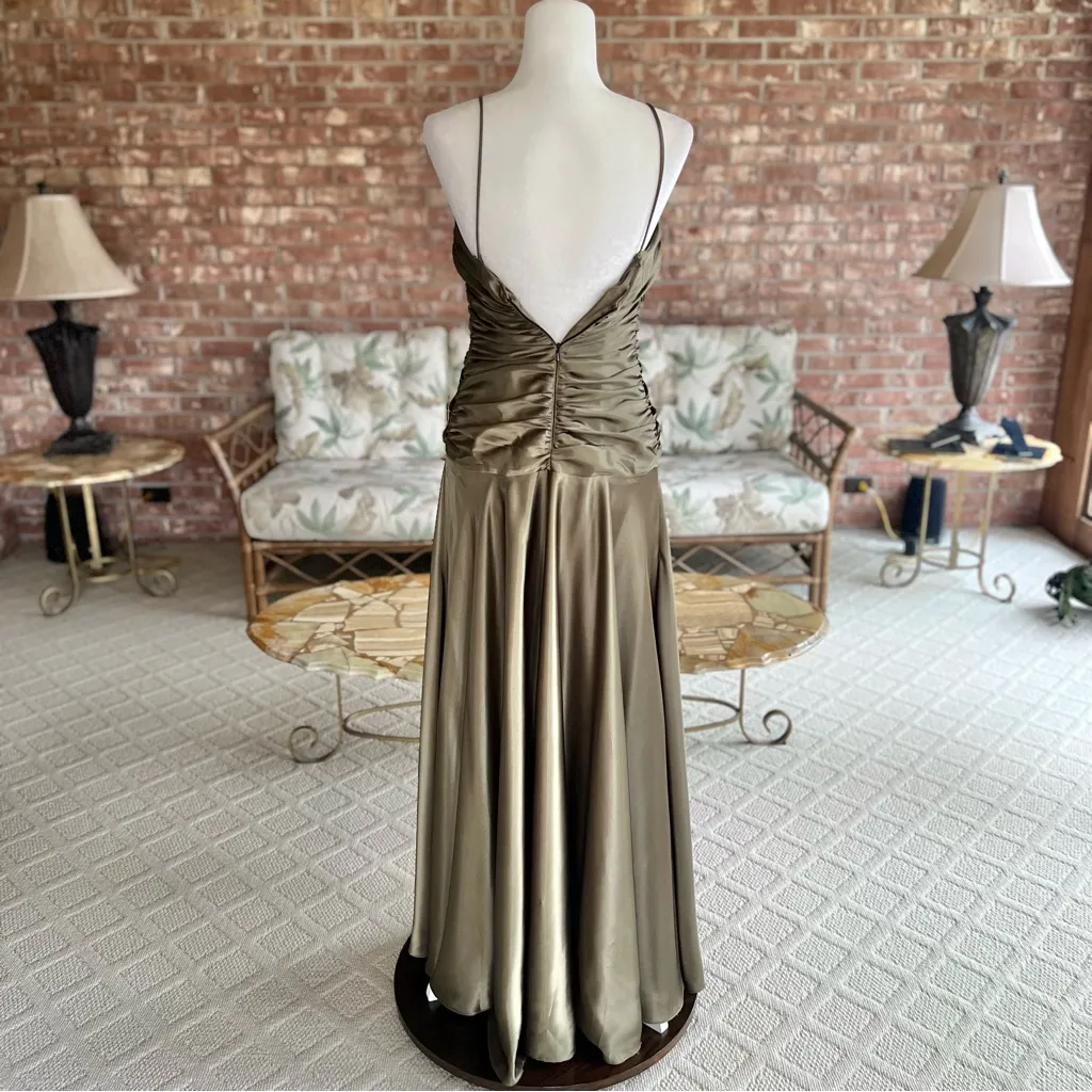 Jessica McClintock Gown Satin Ruched Olive Green Dress Cocktail Evening 4 - Image 7
