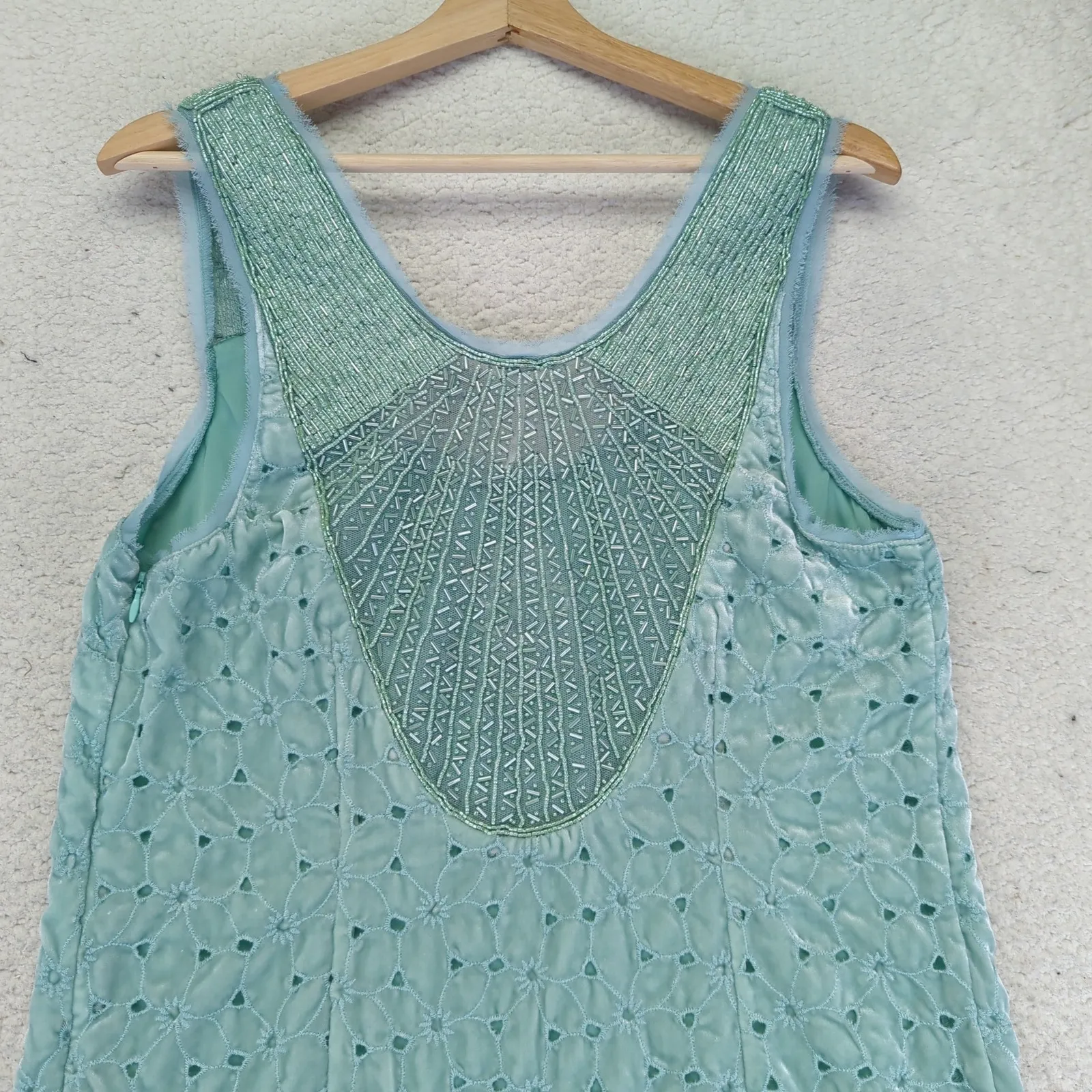 Free People Women's Mini Dress Blue Sleeveless Velvet Beaded Size 8 Eyelet Fairy - Image 5