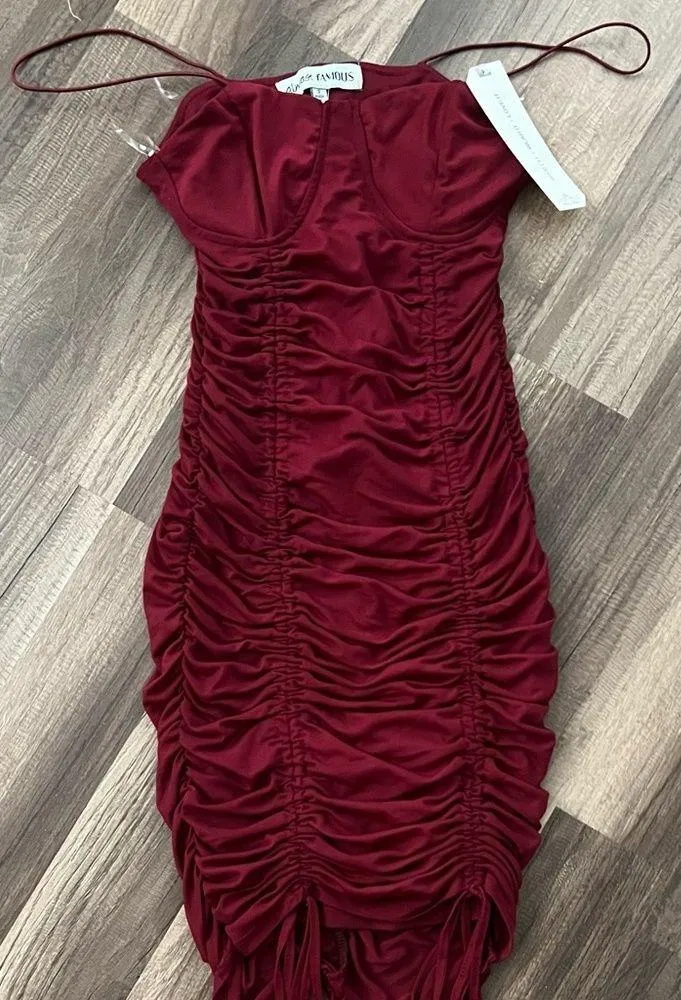 almost FAMOUS Cami Bustier Ruched Dress Juniors' Small Burgundy Spaghetti Strap - Image 6